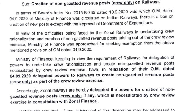 Creation of non-gazetted revenue posts (crew only) on Railways – RBE No. 84/2023