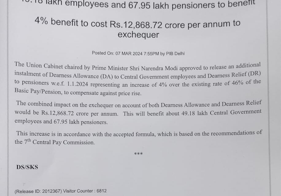 Dearness Allowance of Central Government Employees increased by 4% – Effective Date 01.01.2024