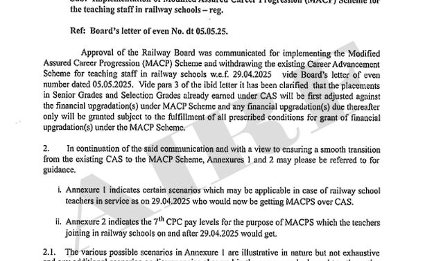 Implementation of Modified Assured Career Progression (MACP) Scheme for the teaching staff in railway schools – reg.
