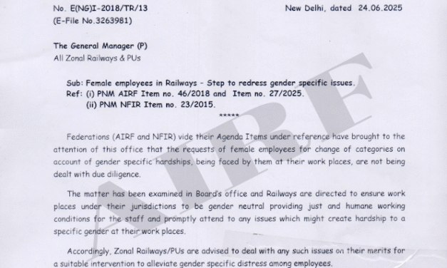 Female employees in Railways – Step to redress gender specific issues