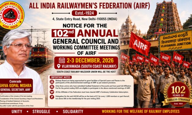 Notice for the 102nd Annual General Council and Working Committee Meetings of AIRF – 2-3 December, 2026, Vijayawada (South Coast Railway)